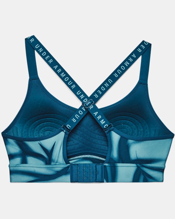 Women's UA Infinity Mid Printed Sports Bra, Blue, pdpMainDesktop image number 9